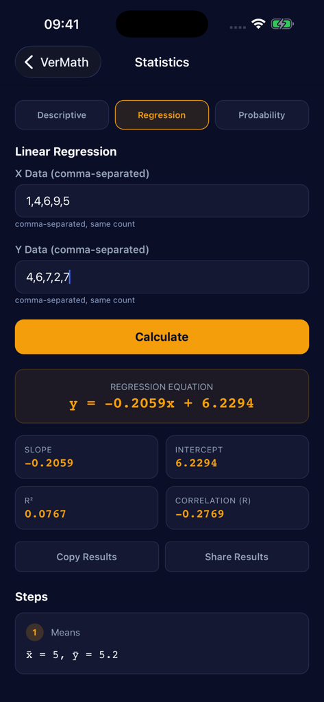 A screenshot of the VerMath app showing a statistics calculator for linear regression with step by step results