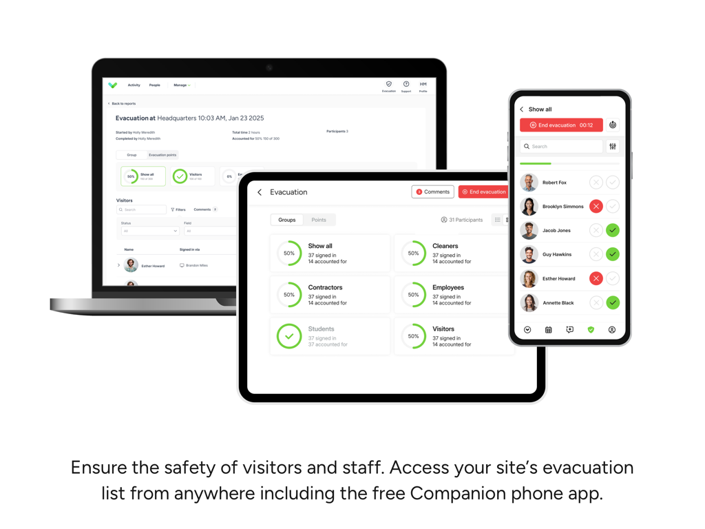 Sign In App Visitor Management - Sign In App Evakuierungslisten-Oberfläche angezeigt auf einem Laptop, Tablet und Smartphone