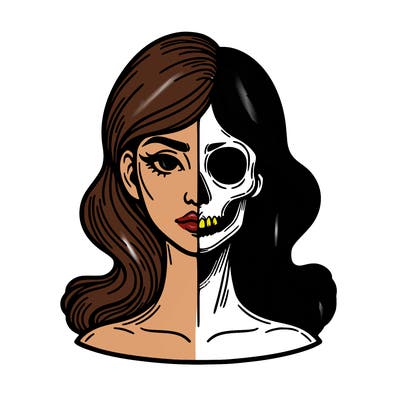 bust of a woman, half face and hair, half skull