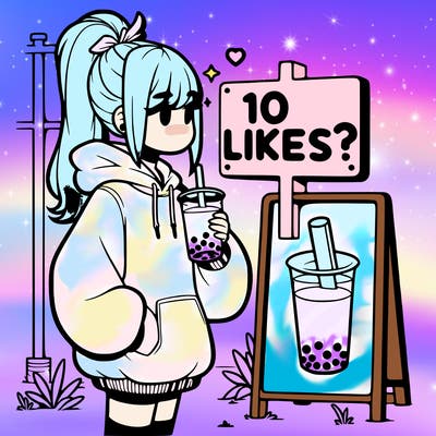 girl with oversized hoodie drinking boba and she has a high ponytail with a sign that says 10likes?