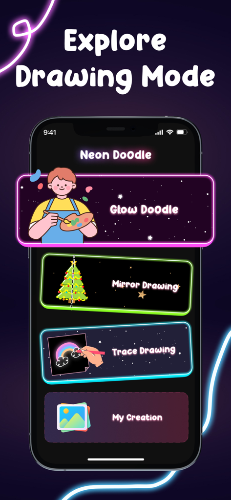 Doodle Art: Neon Glow Drawing - Main menu of Doodle Art app showing neon glow, mirror, and trace drawing modes