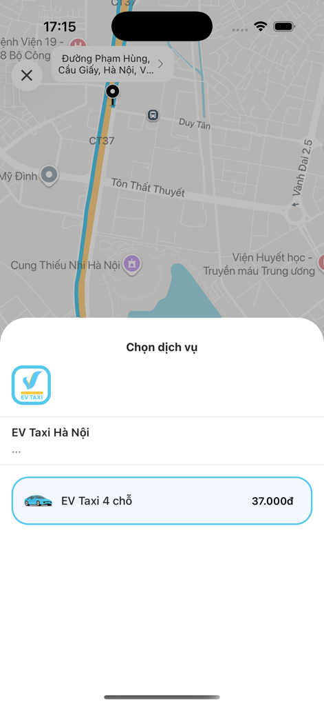 Interfaz de la aplicación EV Taxi que muestra una pantalla de selección de viaje en Hanoi