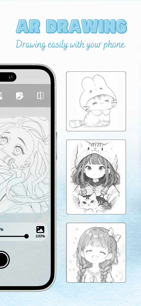 ARDrawing: Unleash Creativity - AR Drawing app interface showing anime character sketches and tracing tools on a smartphone