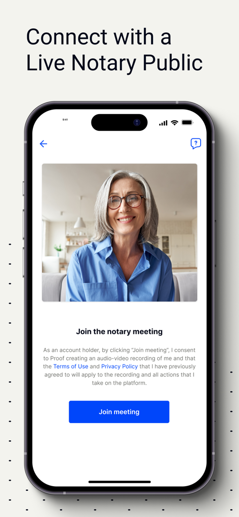 Notarize - Interface showing a live video call screen to connect with a notary public in the Notarize app