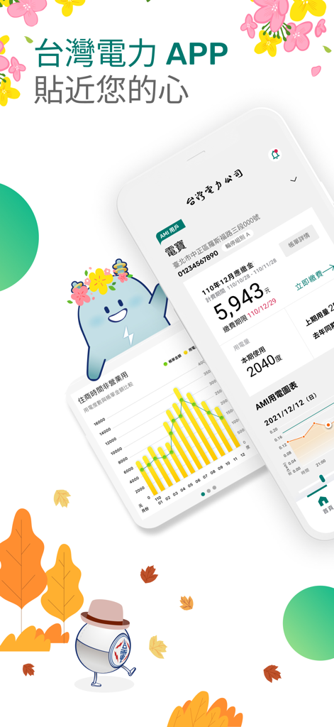 Screenshot of the Taiwan Power app displaying electricity bill details and usage analysis charts