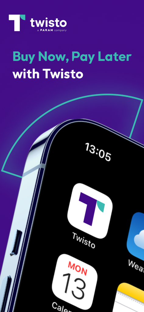 Interfaz de la aplicación móvil Twisto que muestra el eslogan Compra ahora, paga después con Twisto sobre un fondo morado