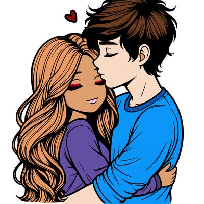 a realistic couple boy and girl hugging and kissing