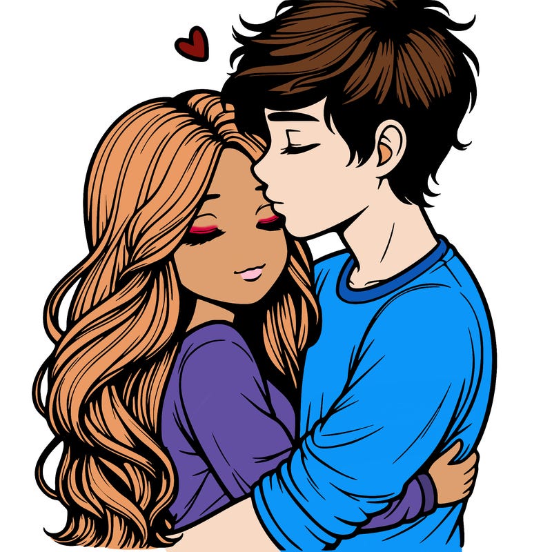 a realistic couple boy and girl hugging and kissing