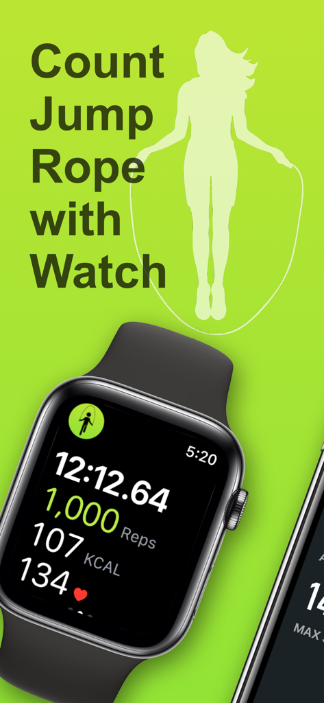 JumRop - Jump Rope Rep Counter - App JumRop en Apple Watch mostrando repeticiones de saltos de comba, duración del entrenamiento, calorías y frecuencia cardíaca