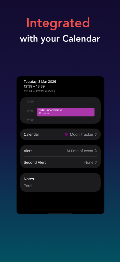 Moon Tracker app interface showing a lunar eclipse event integrated into a mobile calendar