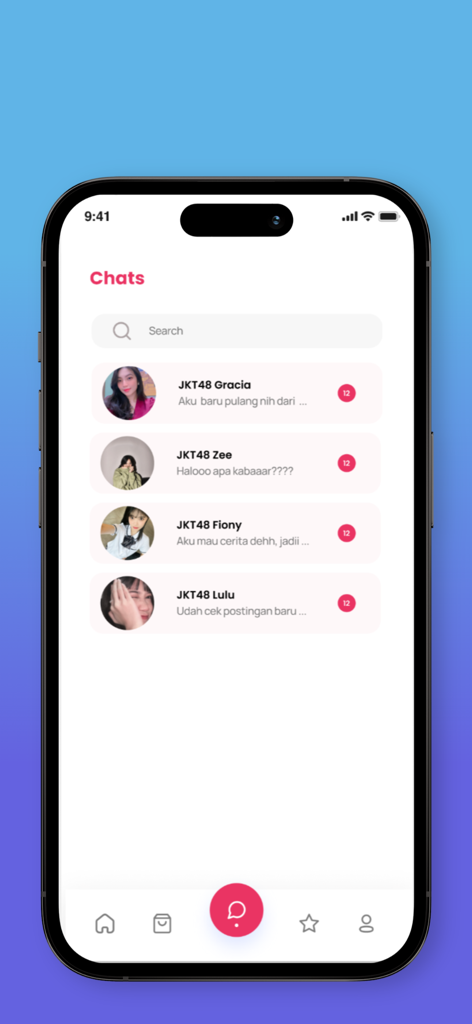 JKT48 PM - A screenshot of the JKT48 PM app showing the private message chat list with several idol group members