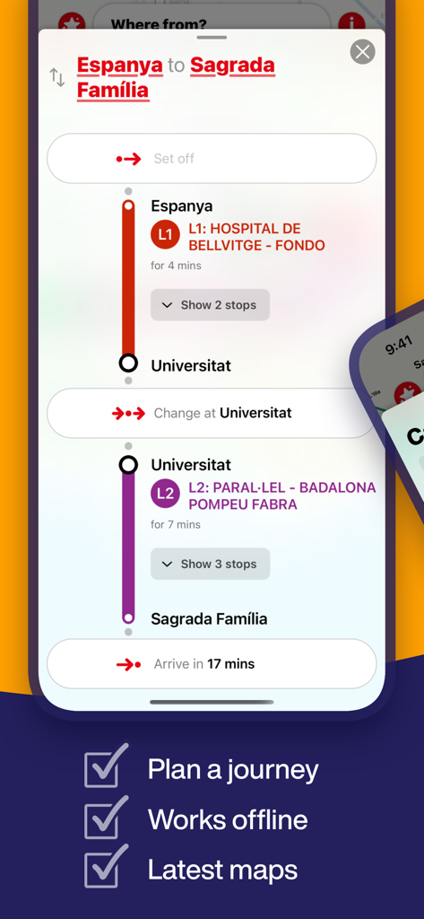 Barcelona Metro app interface showing a step by step journey route from Espanya to Sagrada Familia.