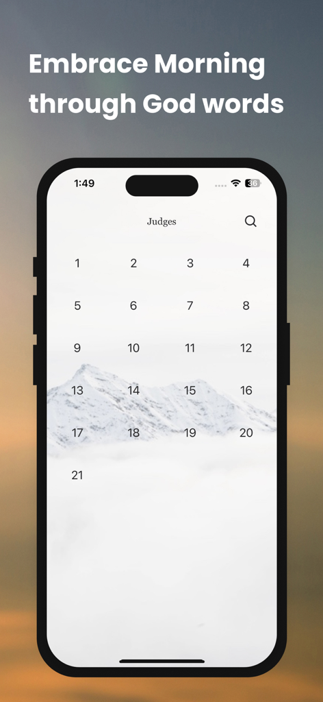 Mobile screen showing a numbered grid of chapters for the Book of Judges in the Holy Bible app.