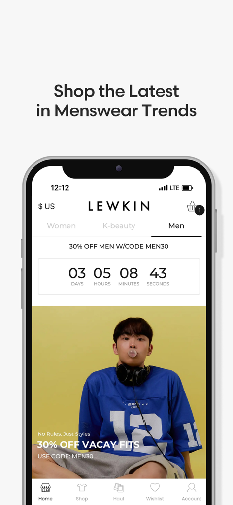 LEWKIN mobile app displaying latest menswear trends with a countdown for a thirty percent discount.