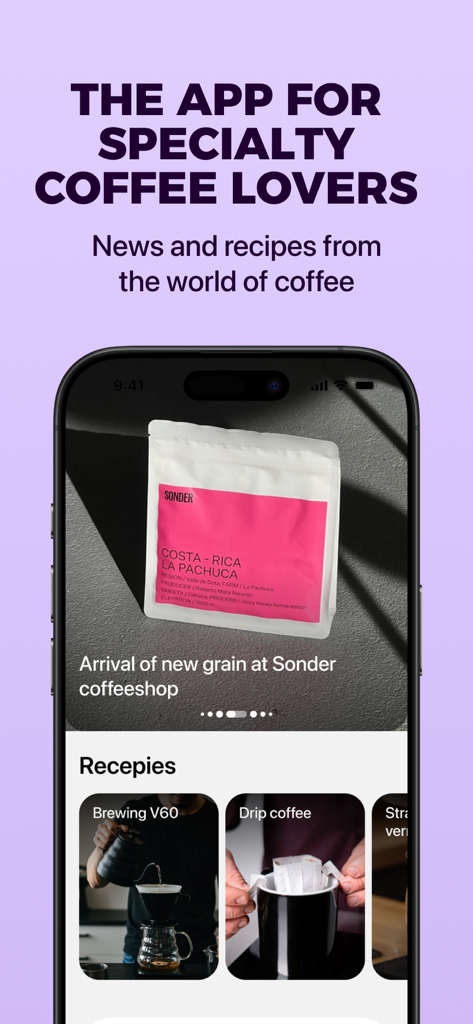 BrewRate – Coffee Reviews - BrewRate app interface showing specialty coffee news and brewing recipes for V60 and drip coffee
