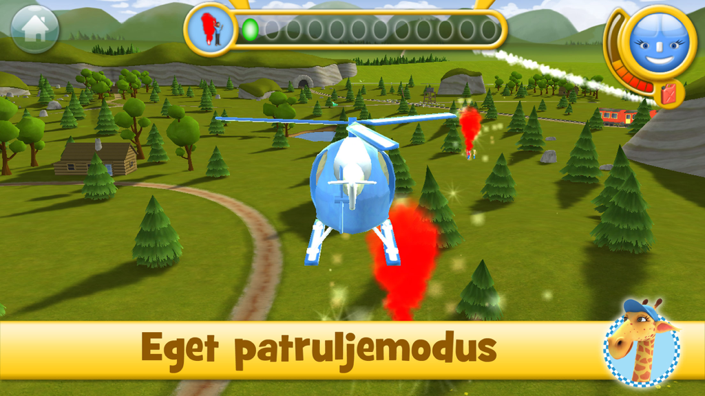 Vennebyen - Koptus på oppdrag - A blue helicopter flying over a green forest in the Vennebyen patrol mode game