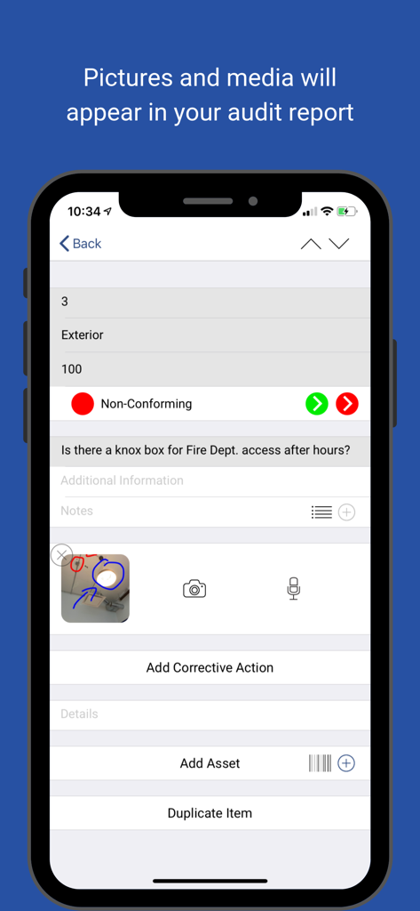 Nimonik - Inspect & Registers - Nimonik app interface for adding photos and media to an inspection report