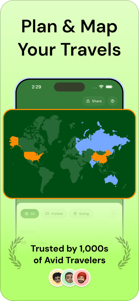 Travel Tracker - Travely - 트래블 트래커 트래블리 앱 스크린샷으로 방문 및 계획된 여행을 위한 인터랙티브 세계 지도를 보여줍니다