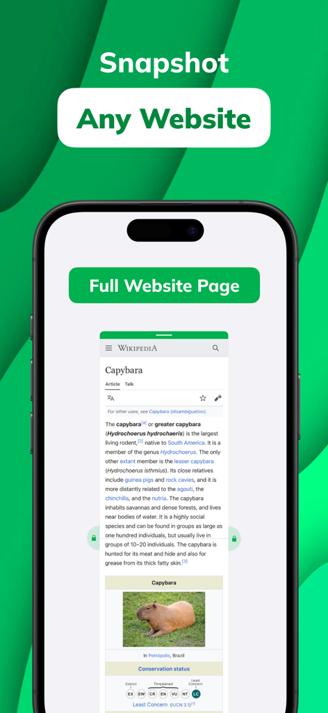 Photo Stitch! - A smartphone interface showing the Photo Stitch app capturing a full webpage screenshot of a Wikipedia article