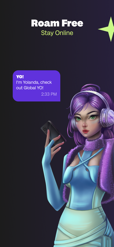 Global YO: eSIM+ & Travel Data - Personaje ilustrado Yolanda sosteniendo un smartphone con el texto Roam Free para la aplicación de viajes Global YO