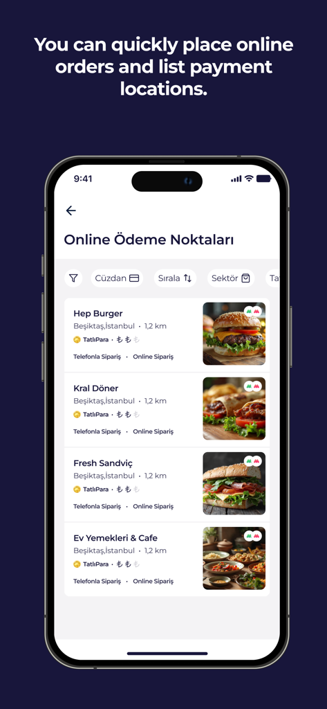 MultiPay - Digital Wallet - MultiPayアプリ画面。オンライン注文および支払い場所のレストランリストを表示