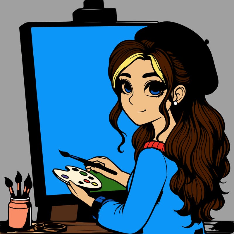 realistic girl artist painting a blank canvas
