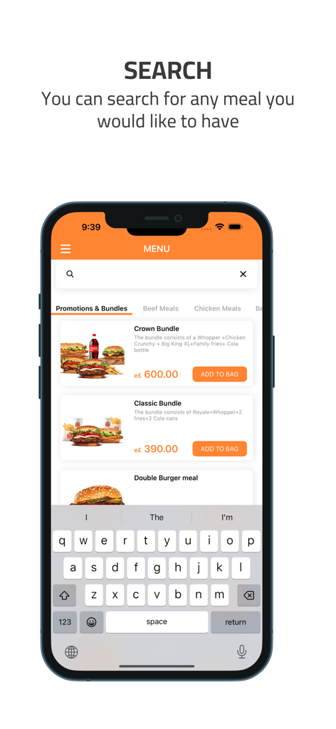 Search feature in Burger King Egypt mobile app showing promotional meal bundles and digital keyboard