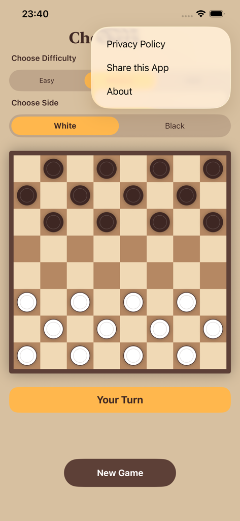 Checkers with Ai - Captura de pantalla de la aplicación móvil Damás con IA que muestra un tablero de juego con piezas blancas y negras y un menú de configuración abierto.