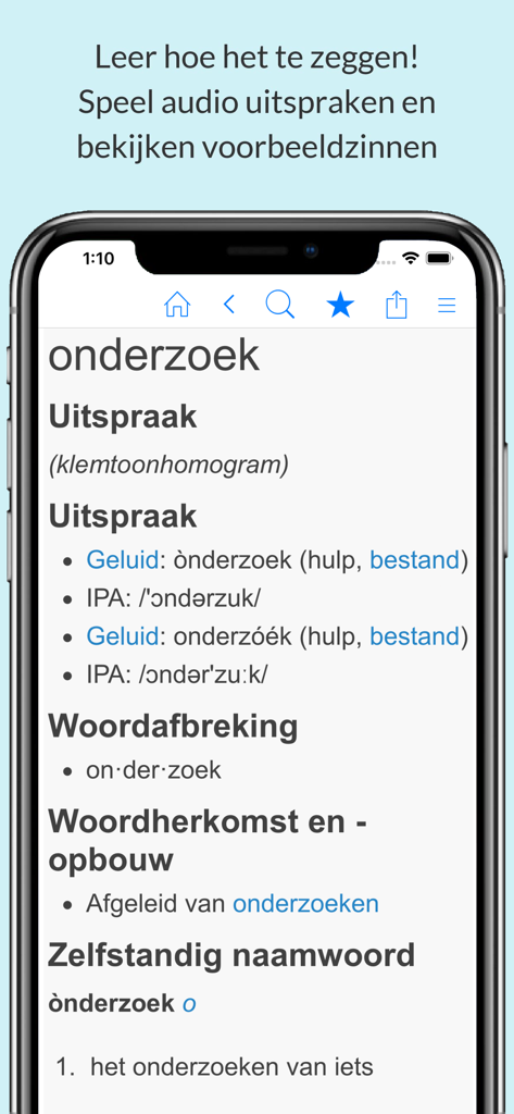 Screenshot der Nederlands Woordenboek App, der das Wort onderzoek mit Audio-Aussprache und IPA-Transkription zeigt
