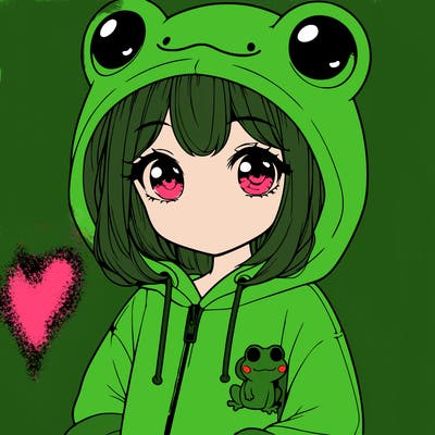 cute realistic girl in a froggy hoodie