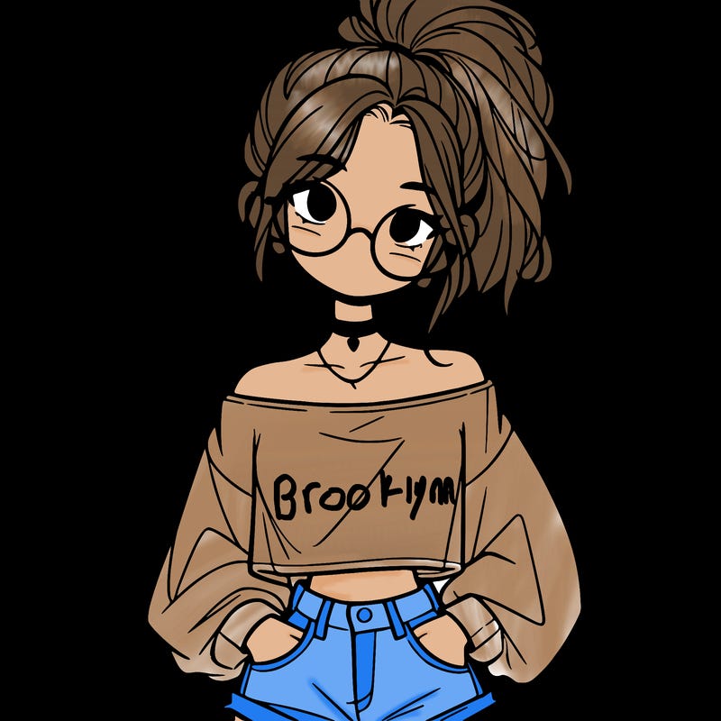girl with a messy ponytail glasses a baggy crop top and jean shorts