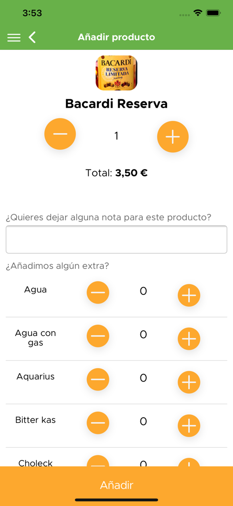 Dubliner's Alicante - Interfaz de la aplicación móvil para pedir bebidas y añadir extras en Dubliners Alicante.
