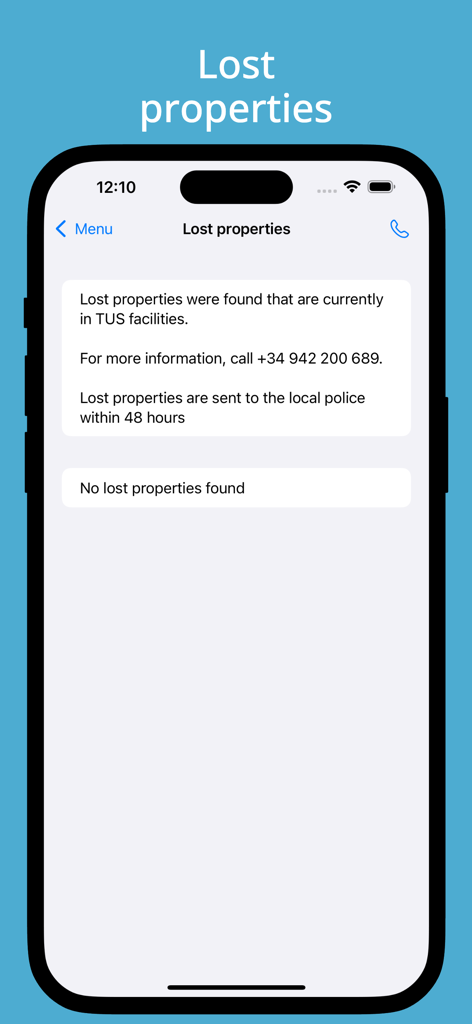 TUS - Santander buses - Pantalla de información de objetos perdidos en la aplicación móvil TUS Santander buses