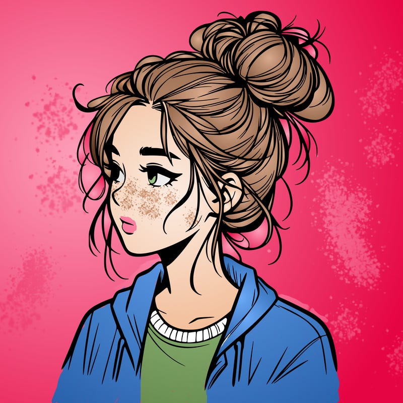 realistic teenage girl with a messy bun