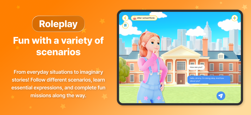 Ella School - English Learning - Ella School app roleplay feature showing an AI character in an English conversation scenario.