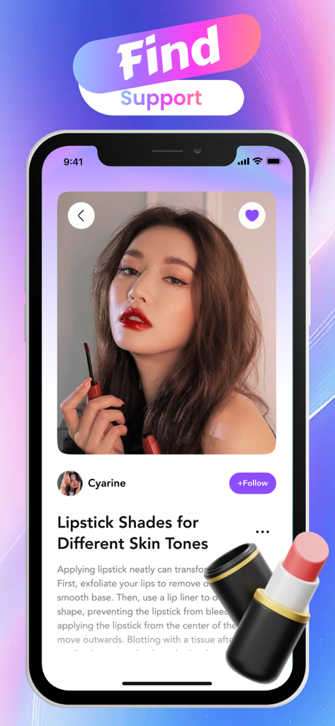 Amor: Live, Video, Call - Schermata di un'app mobile che mostra un articolo di bellezza intitolato Tonalità di rossetto per diversi toni di pelle con una foto professionale e consigli sul trucco.
