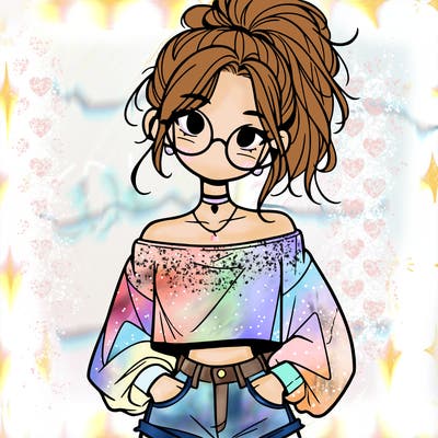 girl with a messy ponytail glasses a baggy crop top and jean shorts