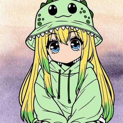 girl with anime shaped eyes with a dinosaur bucket hat oversized sweatshirt long straight hair