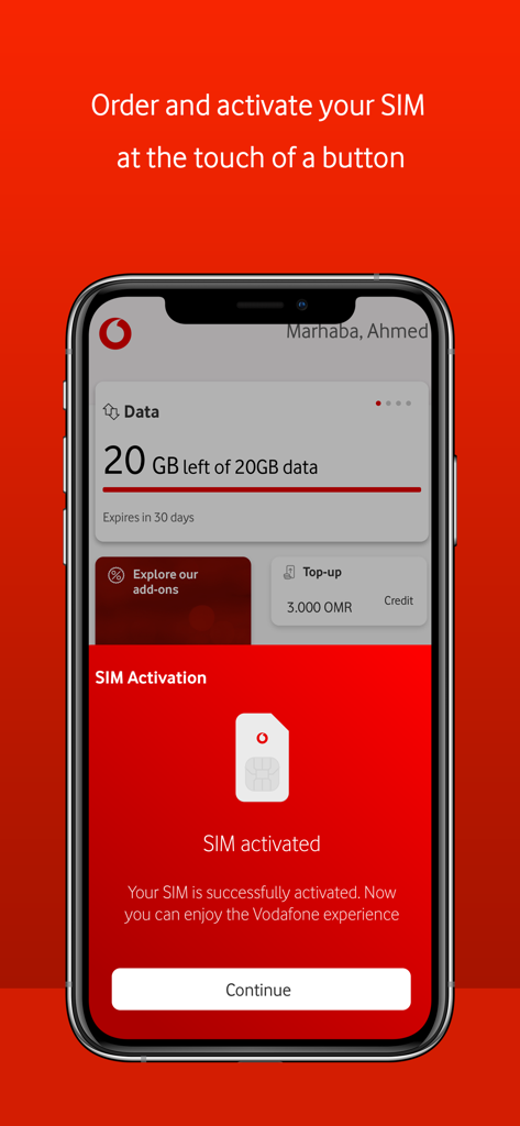 My Vodafone Oman - My Vodafone Oman app showing a successful SIM activation message and mobile data usage status on a smartphone screen.