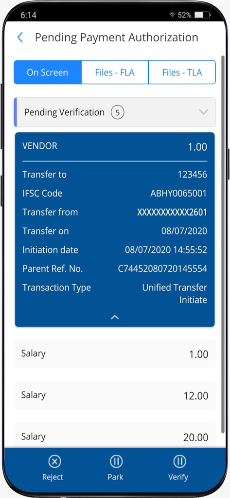 HDFC Bank Corp app screen showing pending payment authorization details for vendor and salary transactions