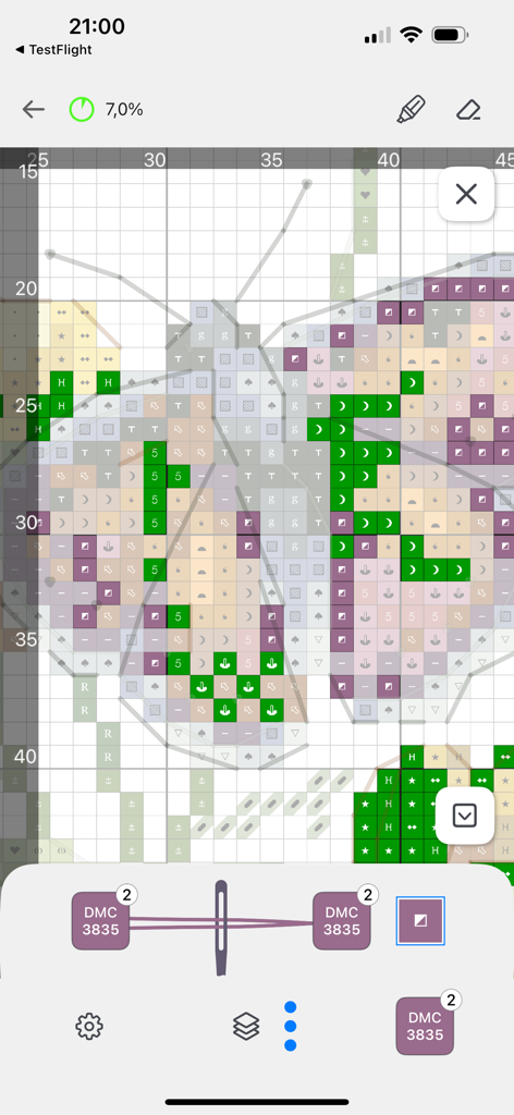 Interfaz del visor de patrones de bordado digital interactivo de Fantastitch con resaltado de símbolos e información de hilos.