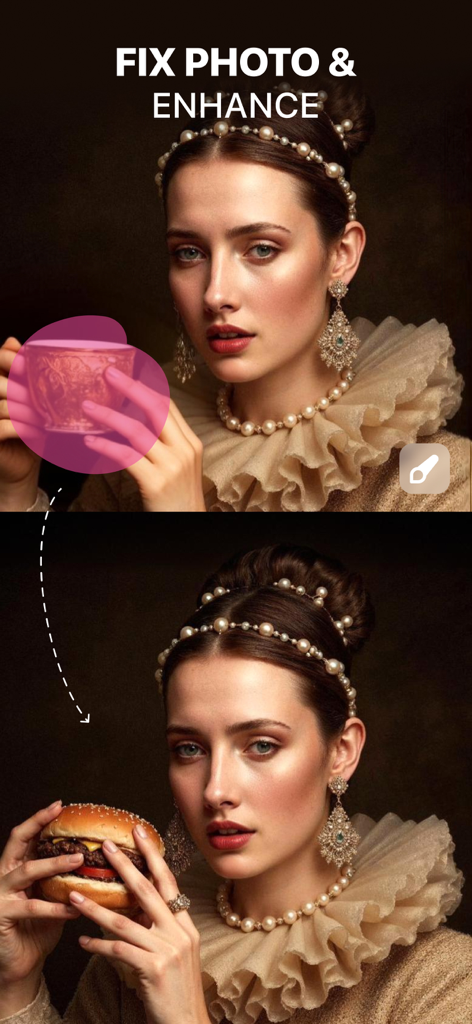 Monet AI - Fix Photo & Enhance - Comparación de antes y después que muestra una taza de té reemplazada por una hamburguesa usando el relleno generativo de Monet AI.