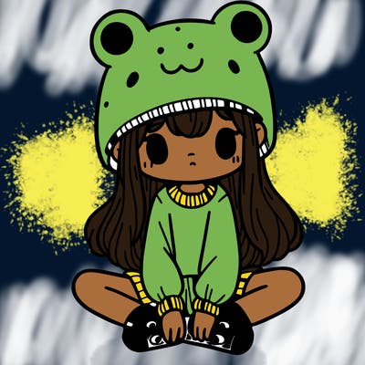 a girl wearing a frog hat and some frog socks