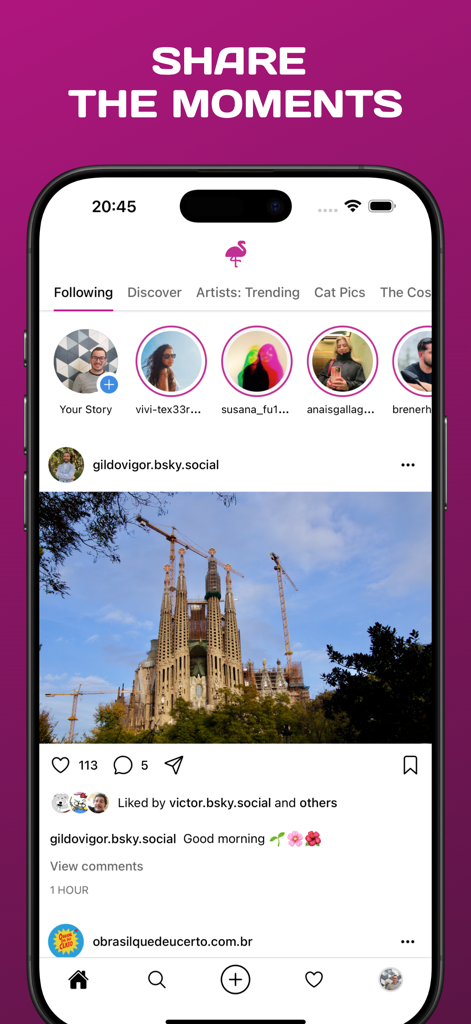 Pinksky app interface showing a photo feed and stories for the Bluesky social network