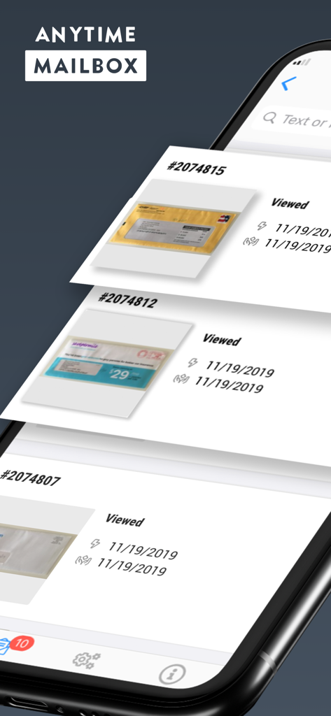 Anytime Mailbox Virtual Mail - Mobile app interface of Anytime Mailbox showing a list of scanned postal mail items with unique tracking numbers and status updates