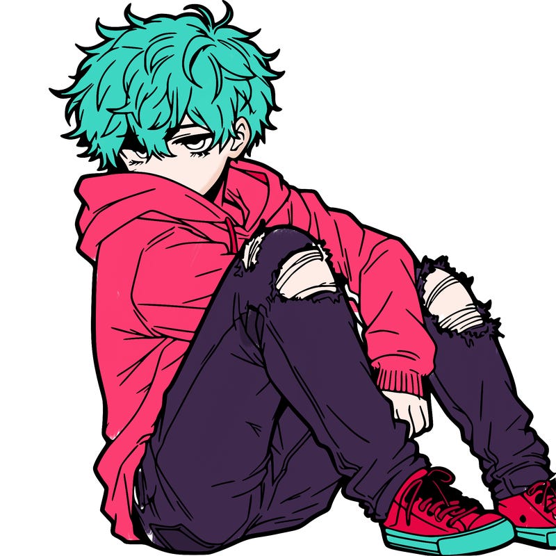 a male hoddie ripped jeans messy hair anime