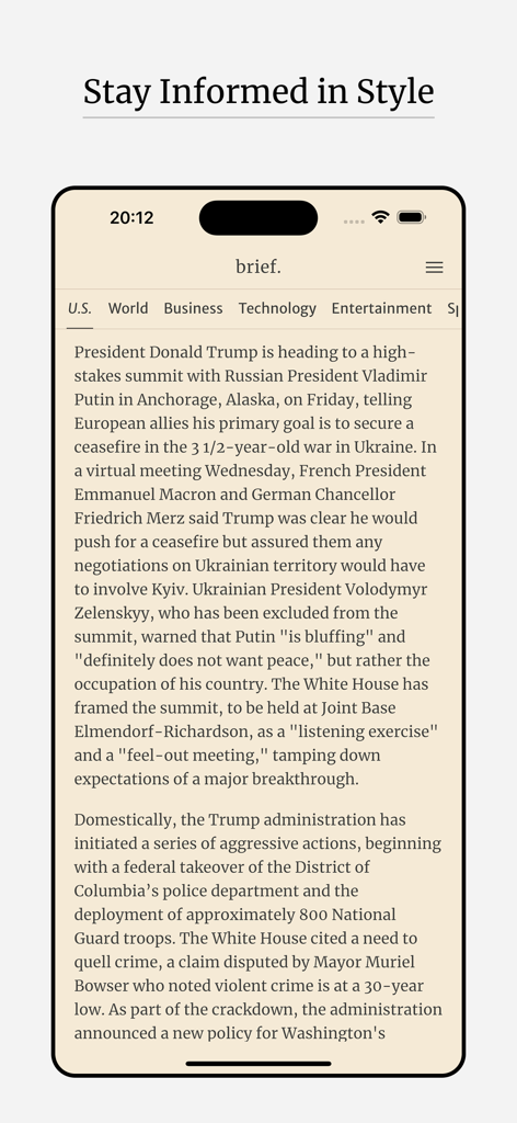 Brief: Daily News Summary - A smartphone displaying a concise fact based news article in the Brief app with a minimalist interface
