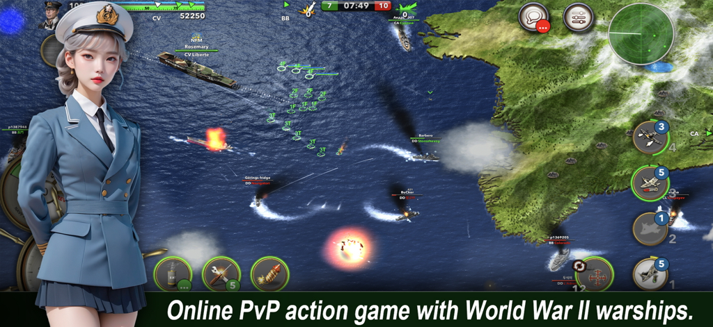 Navy Field: Online Sea Battles - Top-down view of tactical naval combat with World War II warships and aircraft.