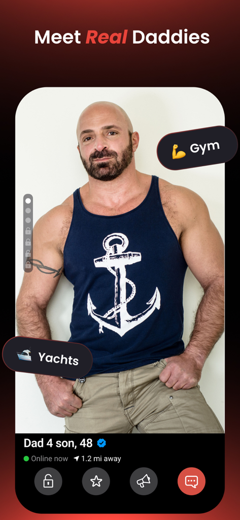 A verified profile of a mature man on the Daddyhunt gay dating app interface.