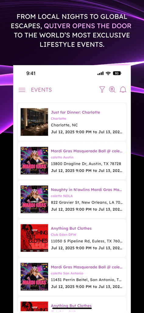 A list of curated lifestyle and social events in the Quiver dating app including dinner parties and masquerade balls.